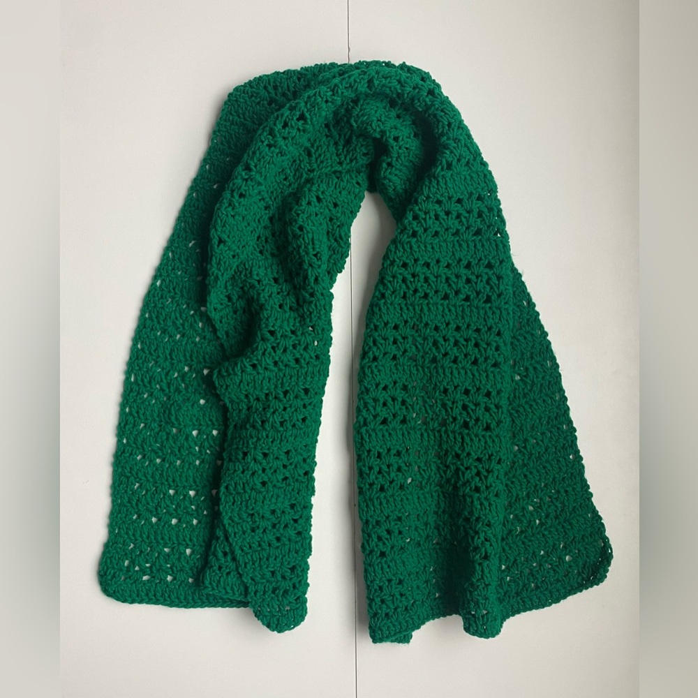 Crochet Knit Green Scarf Wrap or Blanket